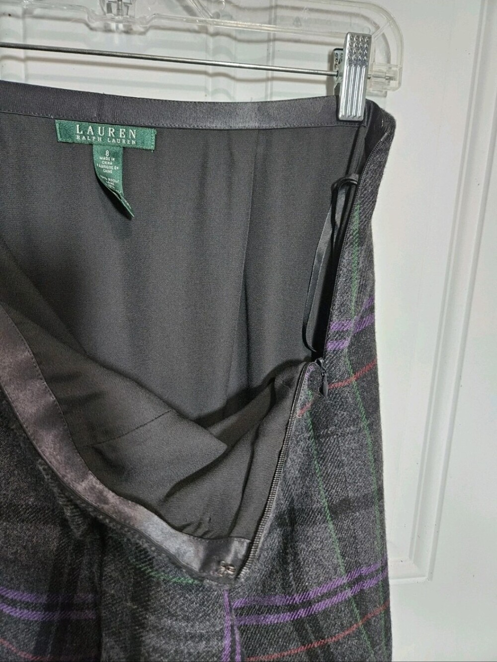 Y2K Ralph Lauren Plaid Wool Blanket Mini Fringed Skirt Size 8 Purple Gray Black - Picture 6 of 6